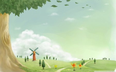 Digital art6 - paint, tree, windmill, drawing, grass