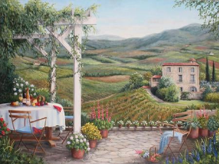 Terrace Overlooking the Vineyard - vineyard, table cloth, glass, terrace, fruits, chairs, wine, flower pots, table, house