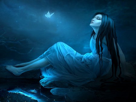 Blue dreams - fantasy, blue, woman, butterfly, dreams