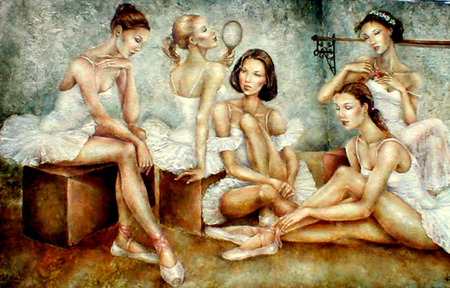 Primping - white tutus, painting, posing, ballerinas, mirror