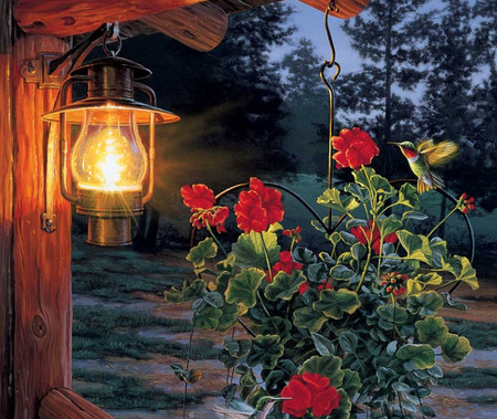 Drawn To The Light - wood beams, trees, red geranium, lantern, hummingbird, light, hanging plant