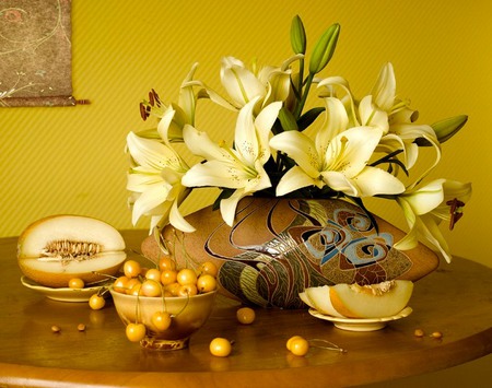 still life - beauty, photography, cherry, still life, melon, fruit, vase, flower bouquet, yellow, flowers, harmony