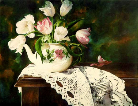 Tea Time - teapot, lace table scarf, tulips, table, still life