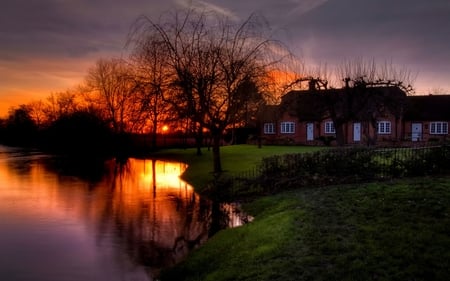 Sunset - lake, sky, houses, landscape, trees, peaceful, colorful, sunset, nature, reflection, clouds, beautiful, colors, house, tree, grass