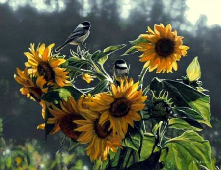 Sunny Haven - trees, sunflowers, birds, painting, chickadees, leaves