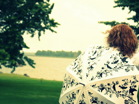 Umbrella - abstract, trees, umbrella, people, woman, green, photography, sunny day