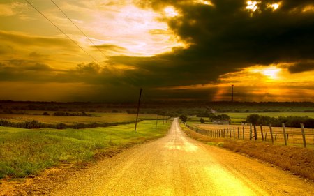 Golden evening - road, fence, clouds, light, sunset, grass