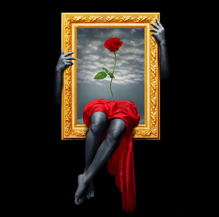 Framed - women, frame, legs, red, girl, rose, gold, flower