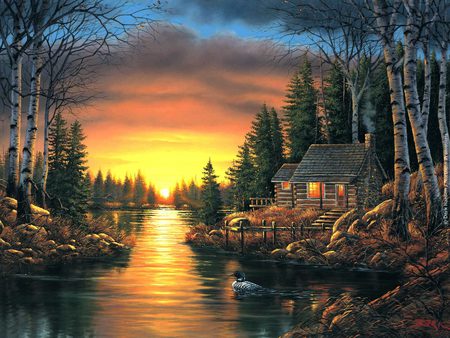 sunrise - duck, trees, sun, creative pre-made, rocks, cottages, lakes, evening, sunsets, paintings, getaways, birds, attractions in dreams, lake, lovely, love four seasons, beautiful, cabin, colors