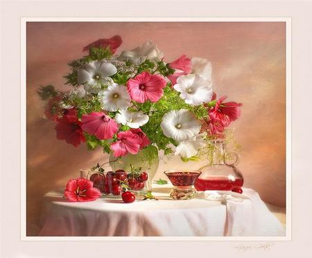 Cherries and wine - vase, cherries, tablecloth, delicious, table, pink, wine, wineglass, white, bowl, carafe, nice