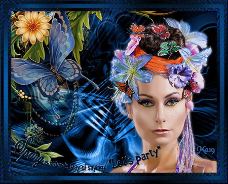 spring in her hair - beauty, butterfly, hair, spring, flower