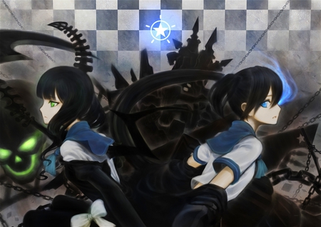 BRS - skull, chain, takanashi yomi, ribbons, twintails, blue eyes, long hair, brs, kuroi mato, seifuku, black hair, horns, green eyes, dress, black rock shooter