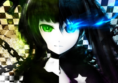 BRS - takanashi yomi, kuroi mato, chain, green eyes, long hair, horns, black rock shooter, black hair, brs, blue eyes