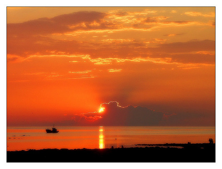 Sailors delight - red, reflections, boat, ocean, shore, sky, clouds, sunset, calm