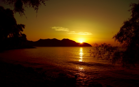 Calabonan Sunrise - calm, nature, beaches, hills, coastline, sea, sunrise, bay