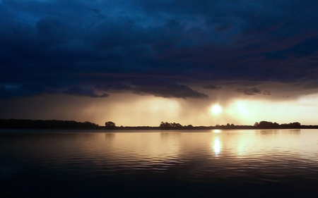 Ominous Sky - storm, calm, clouds, water, light, reflection, contrast, dark, shore, nature, rain, lake