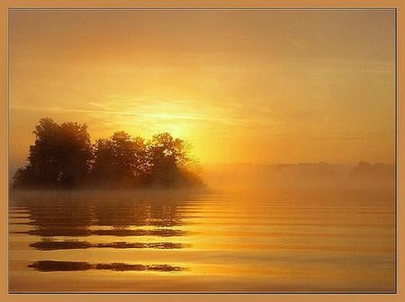 Little golden island - misty sky, island, golden hue, small, sunset, ocean