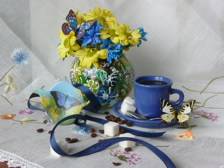 still life - beauty, drink, photography, still life, cup, vase, butterfly, flower bouquet, yellow, blue, flowers, harmony