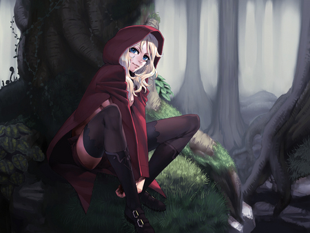 Red - anime, boots, eyes, thighhighs, blonde, forest