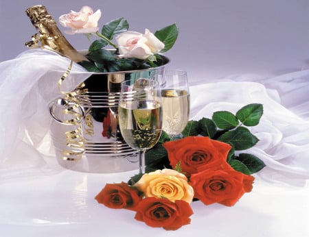 Gratulation - roses, champagne, bucket, glasses