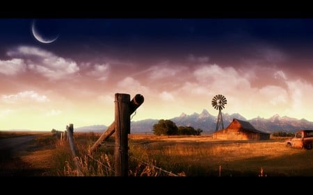 farm - moon, sky, farm, grass