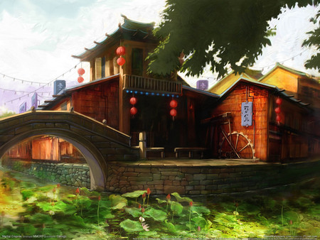 Martial Empires - martial empires, lake, day, water, fantasy, hd, view, lantern, game, pink, adventure, red, blue, green, house, bridge