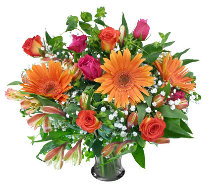 Bright 'n cheery - golden gerberas, roses, flowers, bouquet, vase