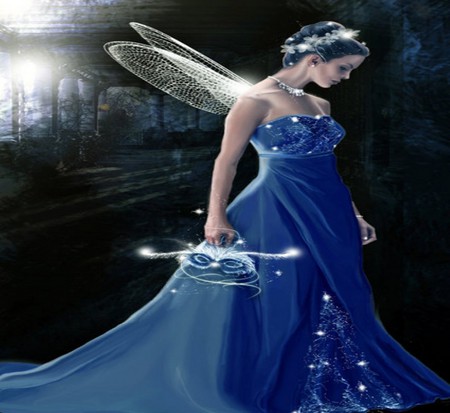 QUEEN OF THE FAIRIES - fantasy, mask, blue, queen, wings, dress, fairy, forest