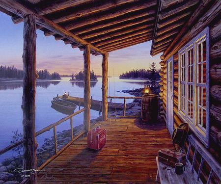 opening day - cabin, lake, window, boat