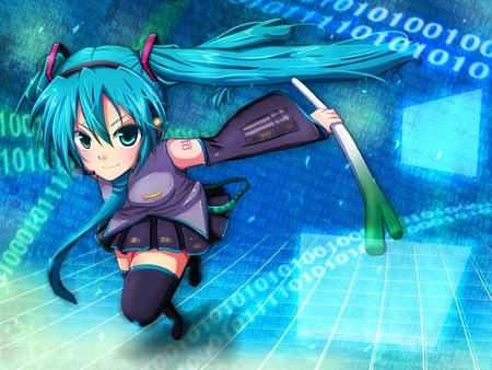 Miku - hatsune miku, leek, green eyes, vocaloid, twin-tails, anime, miku, green hair, cute