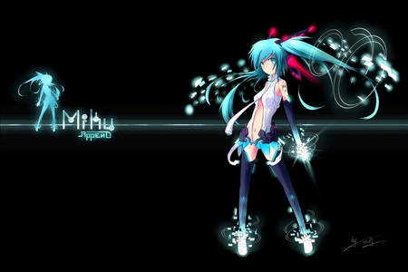 Miku Append - aqua eyes, miku, black, miku append, vocaloid, barefoot, anime, twintails, thigh-highs, aqua hair, hatsune miku