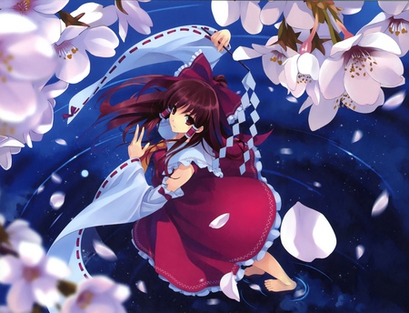 Reimu - touhou, from above, petals, anime, water, reimu hakurei, cherry blossoms, cherry flowers