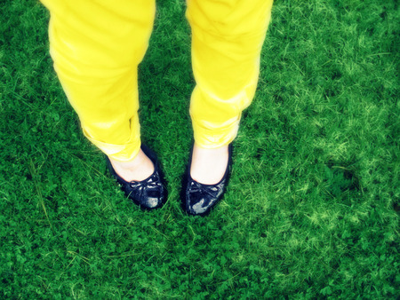 Yellow Pants And Black Bow Flats - shoes, bows, grass, yellow