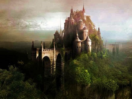 Castle sky - ancient, tree tops, high in mountains, castle, river, turrets, green, rock, cliffs