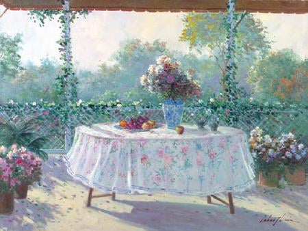 Gazebo Still Life - table cloth, fruits, table, flowers, gazebo, rail, vines, vase