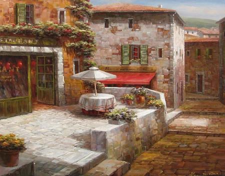 Cafe - table cloth, houses, windows, bricks, village, patio table, umbrella, door, steps, cafe, flowers, inn, vines