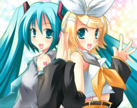 Miku & Rin - hatsune miku, cute, rin, vocaloid