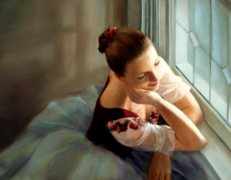 Wistful - ballerina, window, window sill, shadows, lead glass