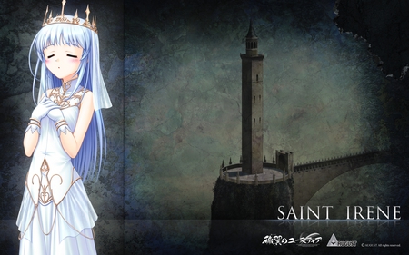 Aiyoku no Eustia - blue hair, aiyoku no eustia, anime, crown, saint irene, cute, dress