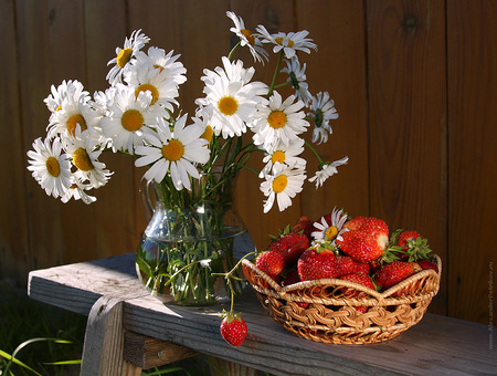 still life - pitcher, strawberry, beautiful, photography, flower bouquet, margarita, still life, harmony, flowers