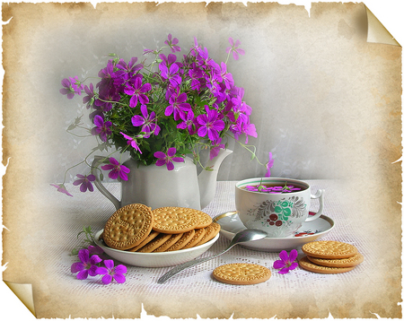 still life - photography, tea, still life, cup, purple, flower bouquet, beautiful, kettle, flowers, biscuits, harmony