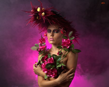 model - roses, birds, beautiful, girl, pink, eye makeup, flowers, fantasy, purple, woman, model, face