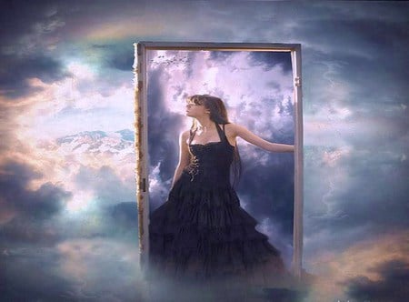 Where dreams are made - blue, cloudss, pink, doorway, white, woman, dream world, portal, black dress