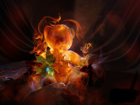 Nice teddy - nice, autumn, flames, swirld, teddybear, leaf