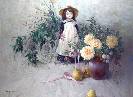 Doll with flowers - doll, pears, flowers, vase, fruit