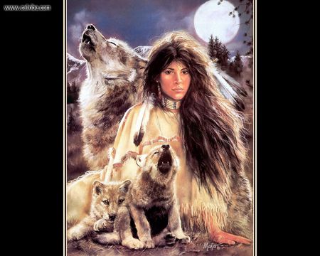 Blue Moon - moon, night, woman, wolves