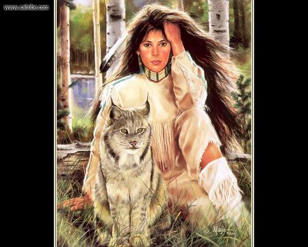 Feline Mischief - trees, lynx, nature, woman