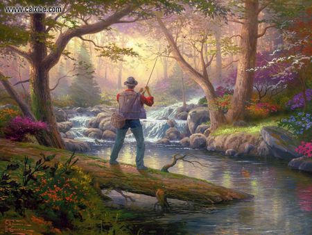 Doesn\'t Get Much Better Than This - nice, fishing, trees, paradise, stream, colorful, path, creek, wood, patient, pretty, river, sunny, streams, summer, shore, lovely, nature, relaxing, forest, beautiful, fisherman, stones, flowers