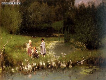 Picking Blossoms - flowers, stream, children, sweet