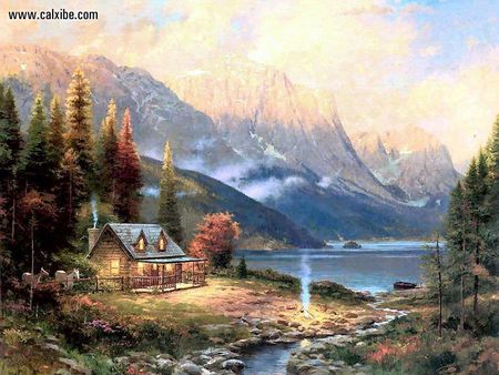 Beginnings Of A perfect Day - mountains, lake, house, trees